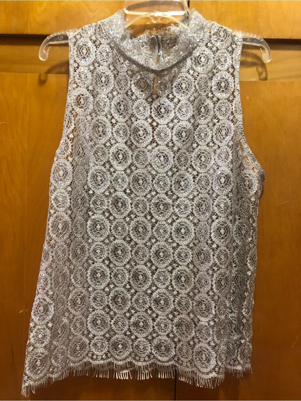 Sleeveless Lace-Overlay Mock Neck Camisole in Silver